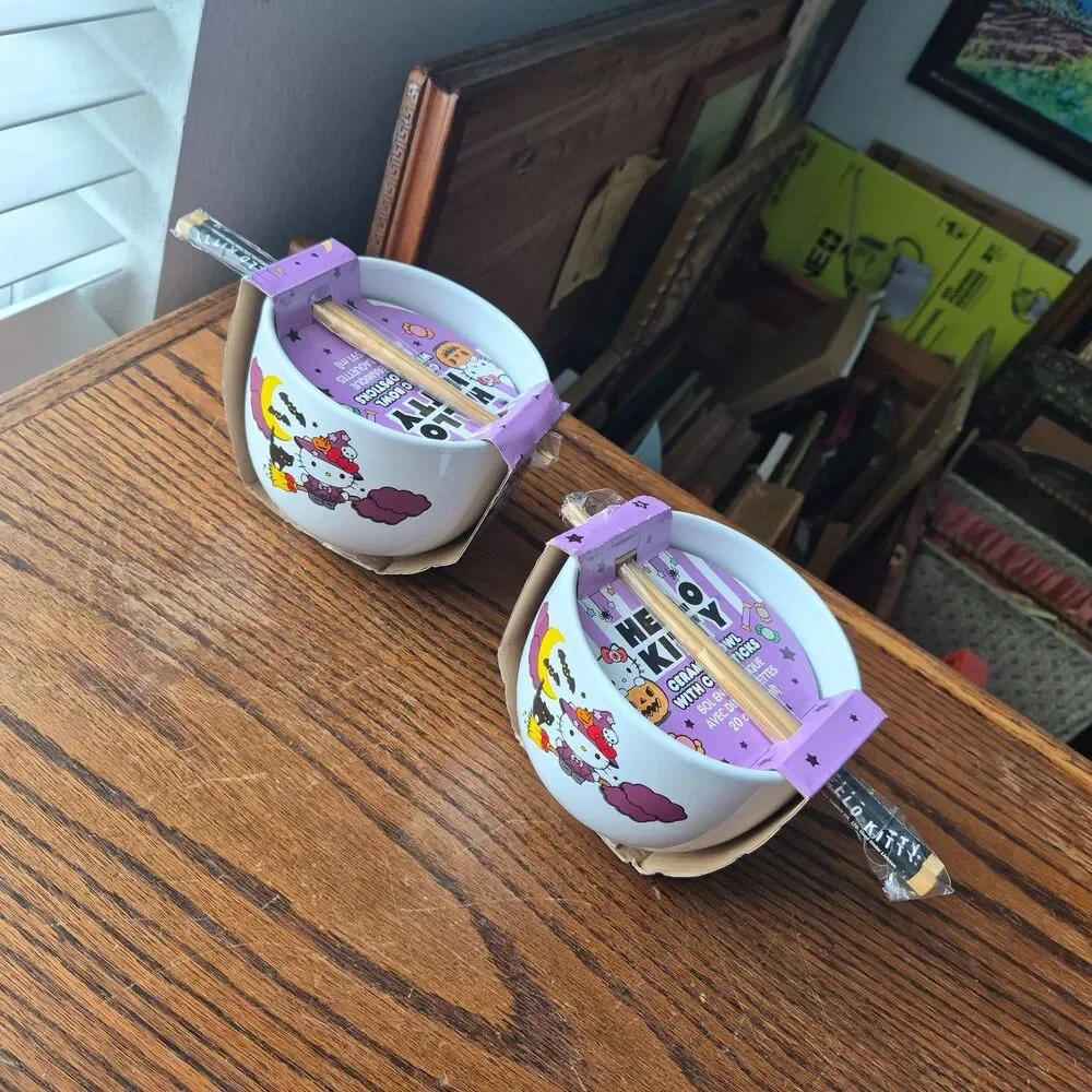 Hello Kitty Fall Halloween Ramen Bowl Pair Chopstick Witch Bats Black Cat Broom